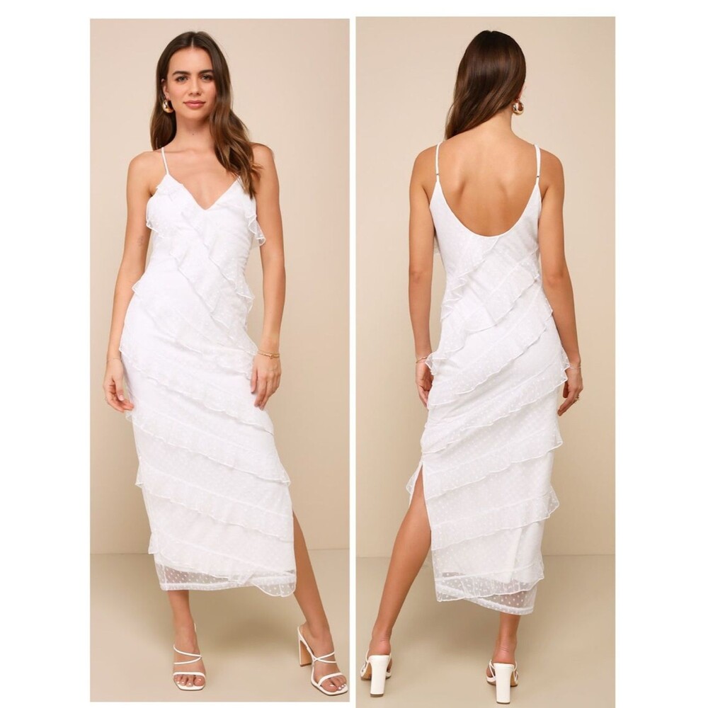 Lulus More Than Gorgeous White Mesh Ruffled Swiss Dot Midi Dress Size Small NWT